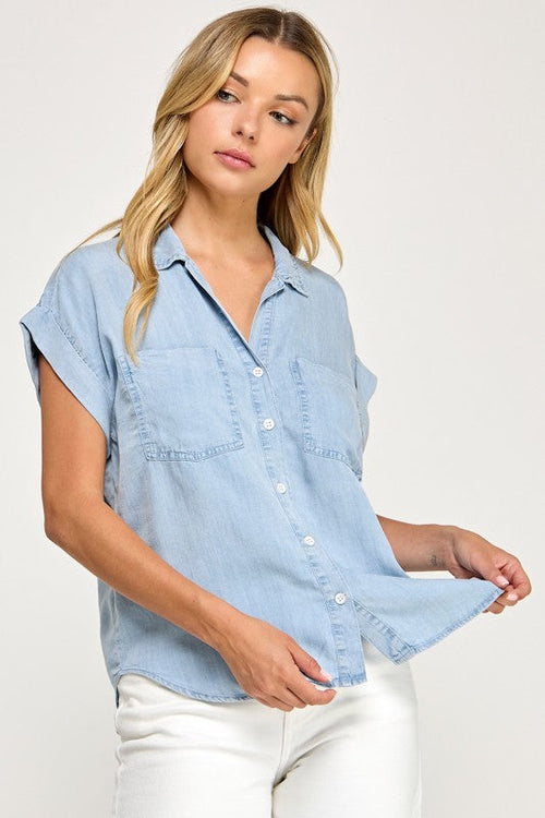 Kiki Short Sleeve Button Down Top Blue