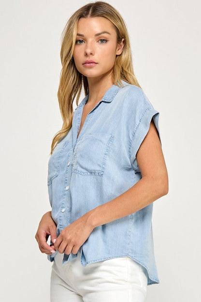 Kiki Short Sleeve Button Down Top Blue