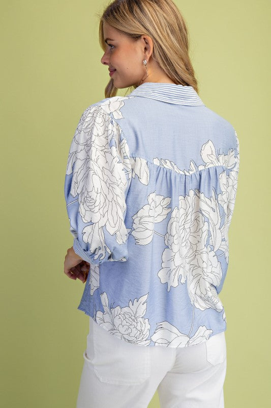 Dorothy 3/4 Sleeve Button Down Floral Print Top Blue