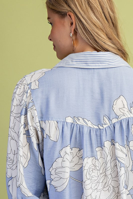 Dorothy 3/4 Sleeve Button Down Floral Print Top Blue