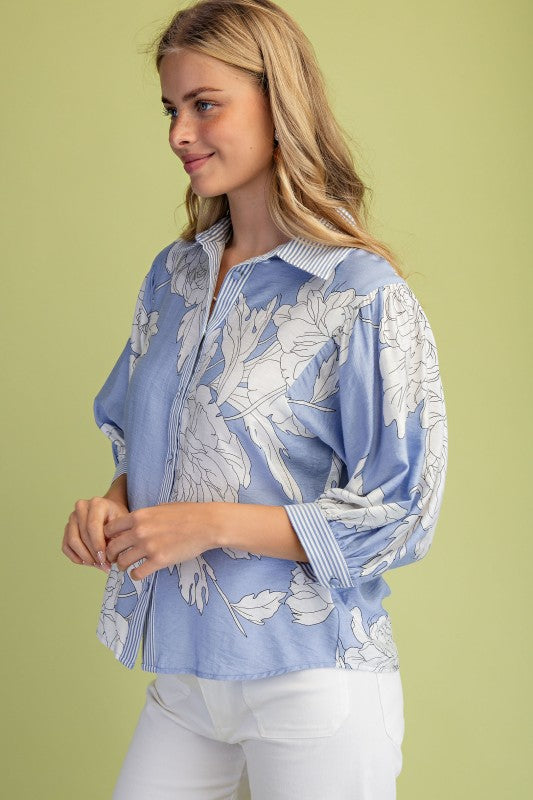 Dorothy 3/4 Sleeve Button Down Floral Print Top Blue