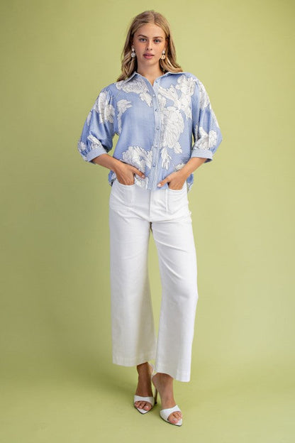Dorothy 3/4 Sleeve Button Down Floral Print Top Blue