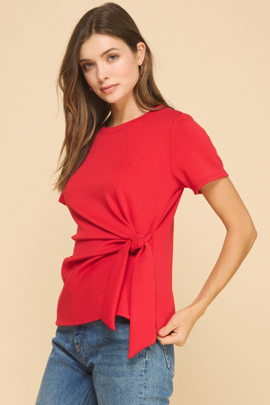 Cora Short Sleeve Waist Tie Top Red