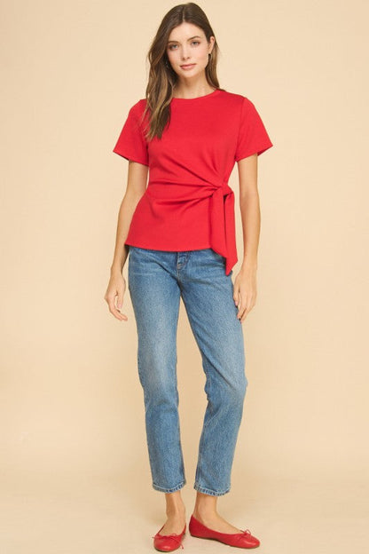 Cora Short Sleeve Waist Tie Top Red