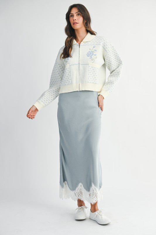 Daisy Long Sleeve Zip Up Floral Print Knit Jacket Blue