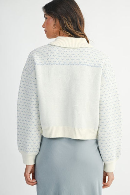 Daisy Long Sleeve Zip Up Floral Print Knit Jacket Blue