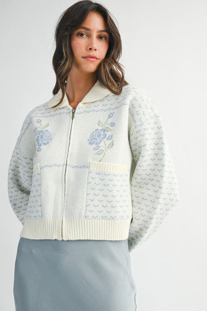 Daisy Long Sleeve Zip Up Floral Print Knit Jacket Blue