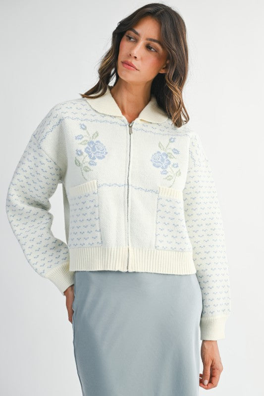 Daisy Long Sleeve Zip Up Floral Print Knit Jacket Blue