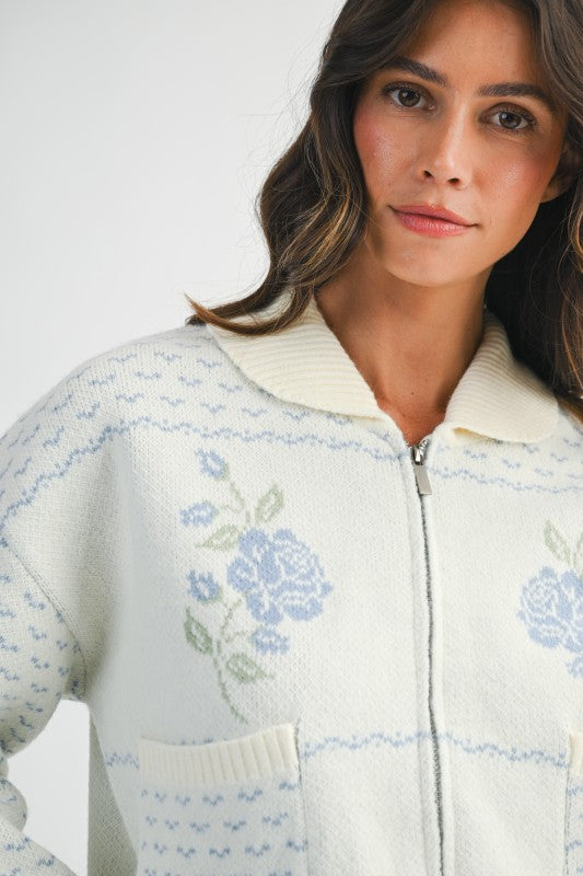 Daisy Long Sleeve Zip Up Floral Print Knit Jacket Blue
