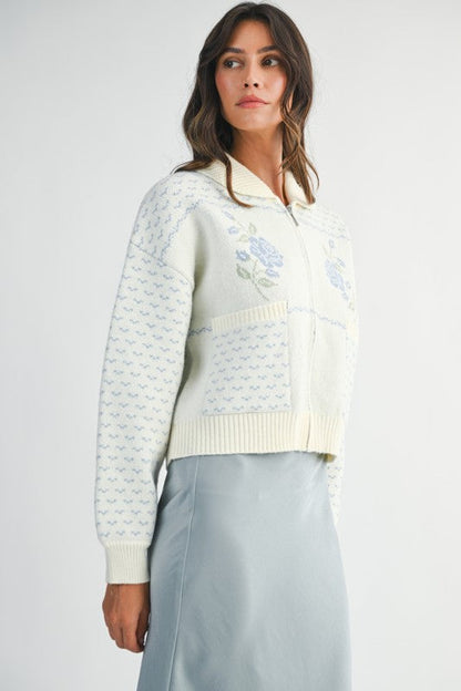 Daisy Long Sleeve Zip Up Floral Print Knit Jacket Blue