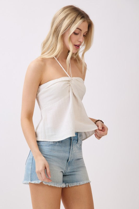 Tracy Sleeveless Halter Twist Front Top Oatmeal