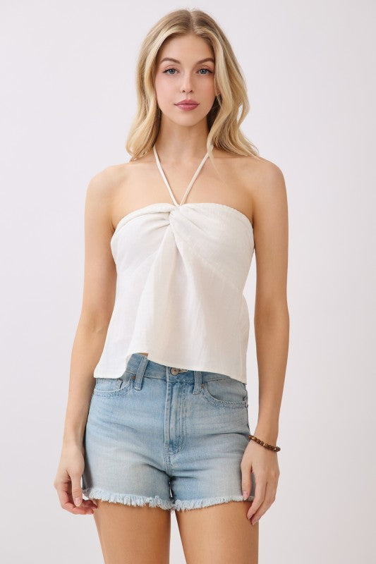 Tracy Sleeveless Halter Twist Front Top Oatmeal