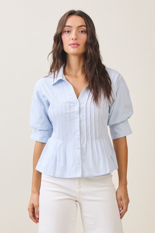 Waitlist 7/1 • Veda Short Puff Sleeve Button Down Pintuck Top Blue