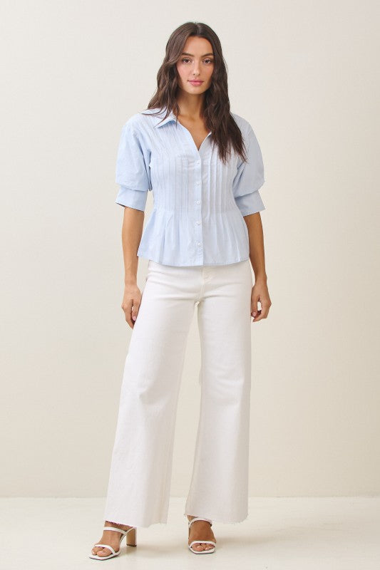 Waitlist 7/1 • Veda Short Puff Sleeve Button Down Pintuck Top Blue