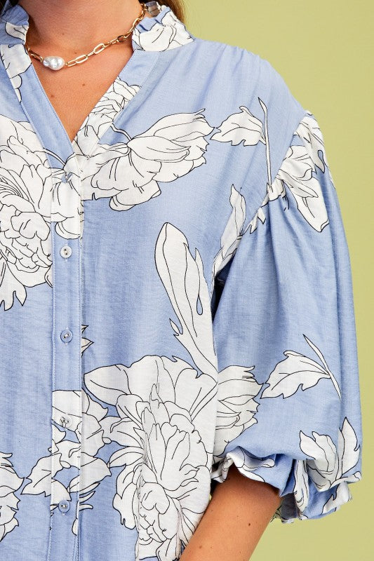 Demi 3/4 Sleeve Button Down Floral Print Top Blue