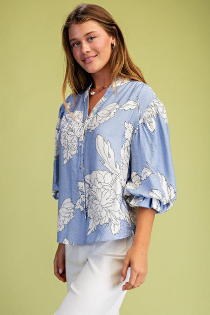 Demi 3/4 Sleeve Button Down Floral Print Top Blue