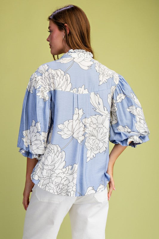 Demi 3/4 Sleeve Button Down Floral Print Top Blue