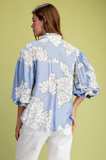 Demi 3/4 Sleeve Button Down Floral Print Top Blue