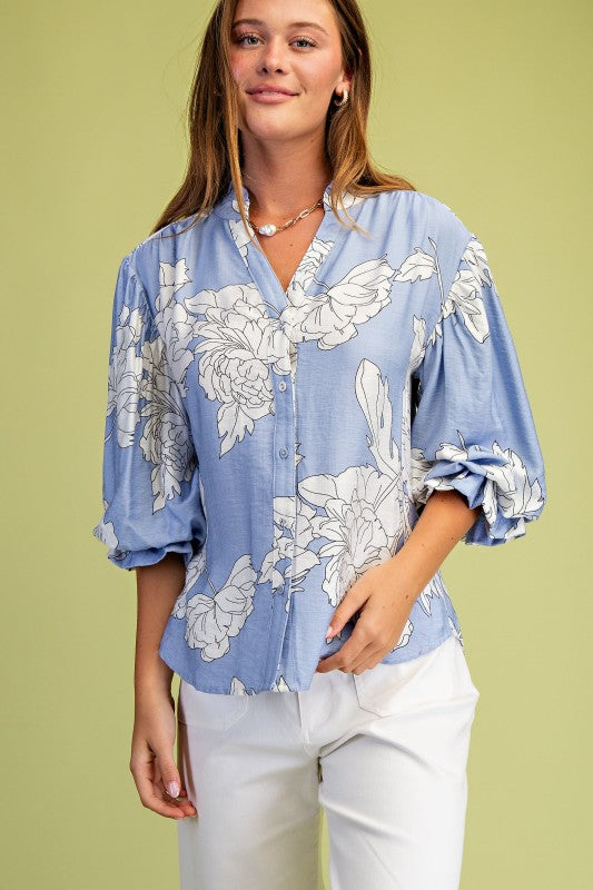 Demi 3/4 Sleeve Button Down Floral Print Top Blue