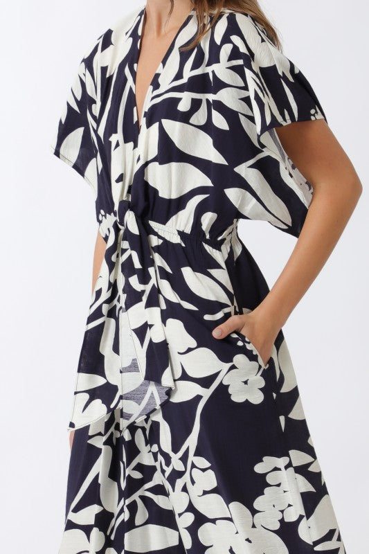 Bronte Short Sleeve Waist Tie Floral Print Wide Leg Jumpsuit Navy
