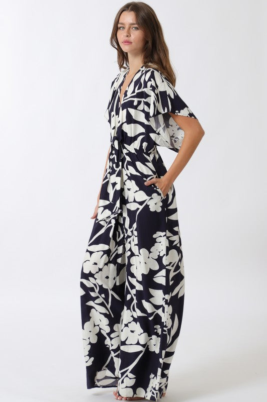 Bronte Short Sleeve Waist Tie Floral Print Wide Leg Jumpsuit Navy