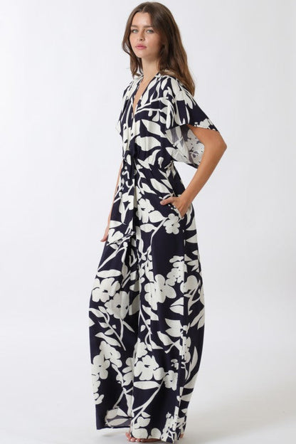 Bronte Short Sleeve Waist Tie Floral Print Wide Leg Jumpsuit Navy