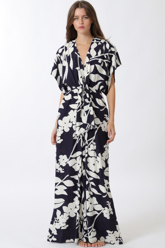 Bronte Short Sleeve Waist Tie Floral Print Wide Leg Jumpsuit Navy