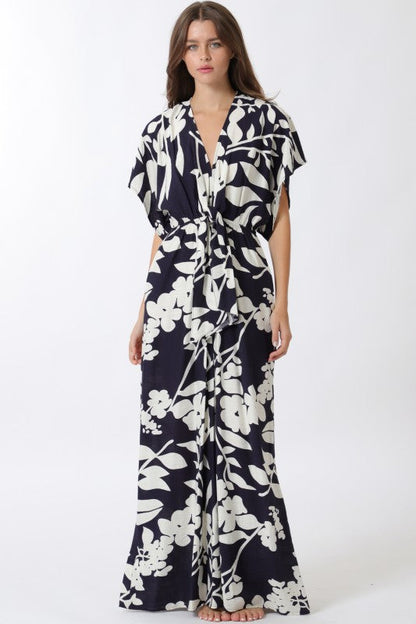 Bronte Short Sleeve Waist Tie Floral Print Wide Leg Jumpsuit Navy
