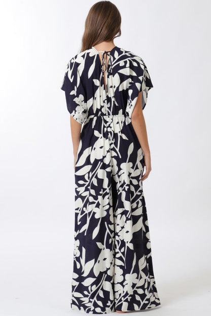 Bronte Short Sleeve Waist Tie Floral Print Wide Leg Jumpsuit Navy