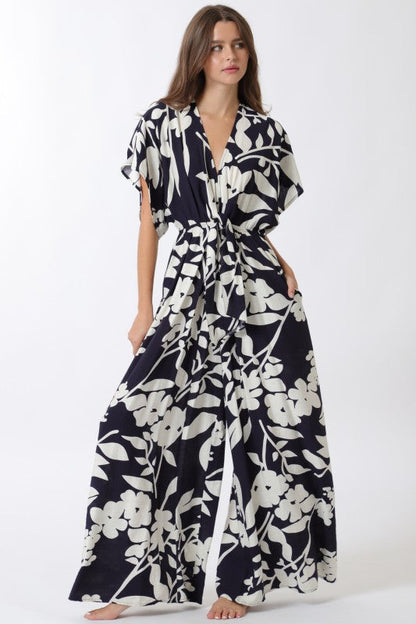 Bronte Short Sleeve Waist Tie Floral Print Wide Leg Jumpsuit Navy