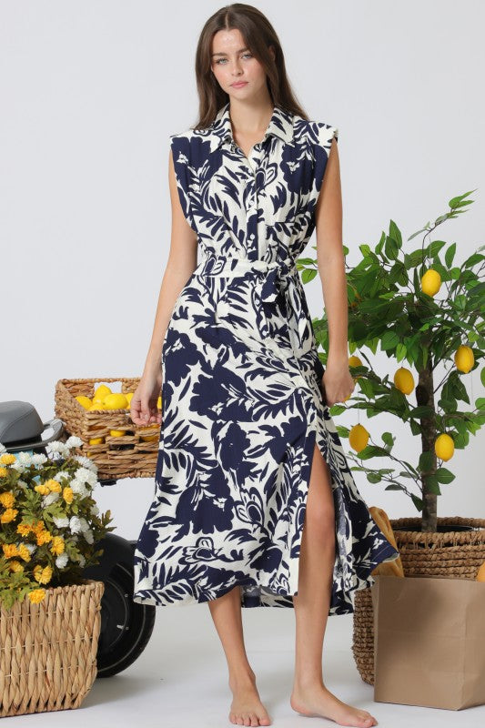 Briar Sleeveless Waist Tie Button Front Floral Print Midi Dress Ivory