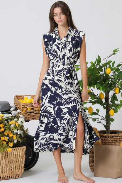 Briar Sleeveless Waist Tie Button Front Floral Print Midi Dress Ivory