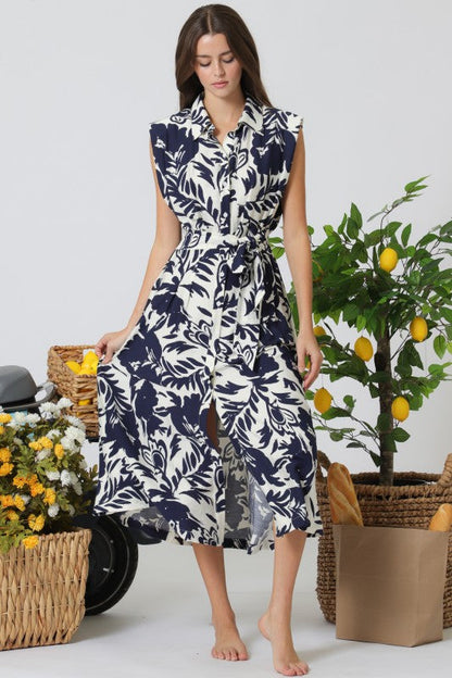 Briar Sleeveless Waist Tie Button Front Floral Print Midi Dress Ivory