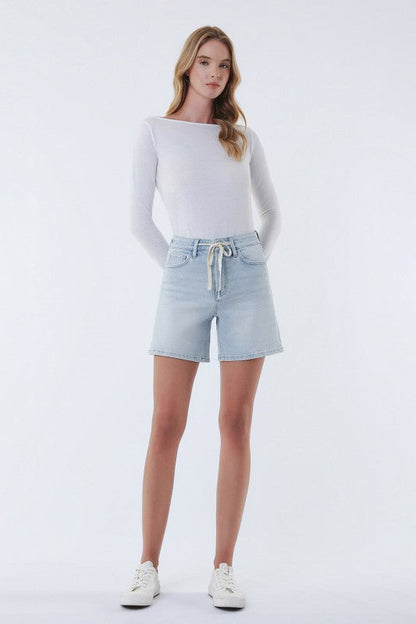 Renee High Rise Waist Tie Denim Shorts Light Wash