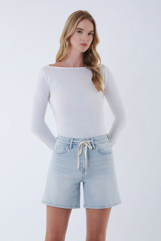 Renee High Rise Waist Tie Denim Shorts Light Wash