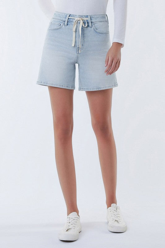 Renee High Rise Waist Tie Denim Shorts Light Wash
