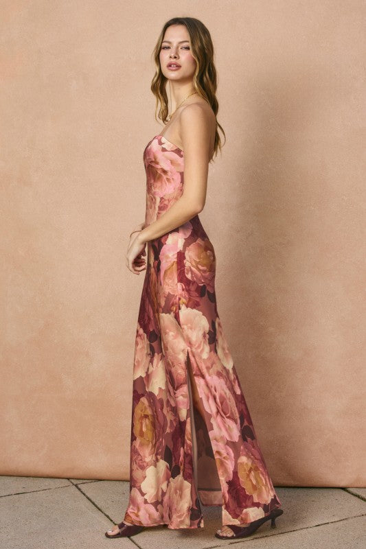 Aliyah Sleeveless Floral Print Maxi Dress Brown
