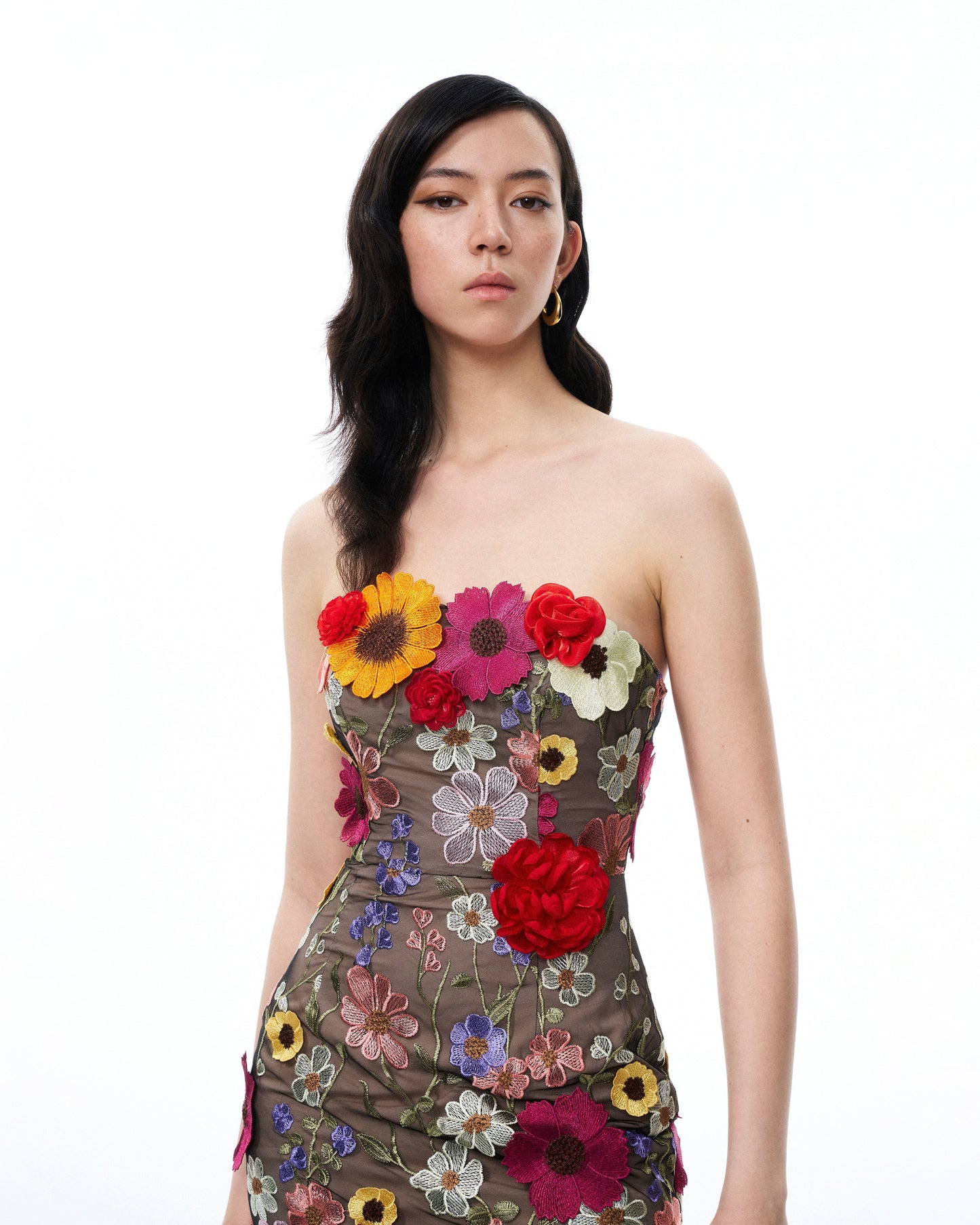 Isolde 3D立體花卉刺繡長洋裝－黑色混色
