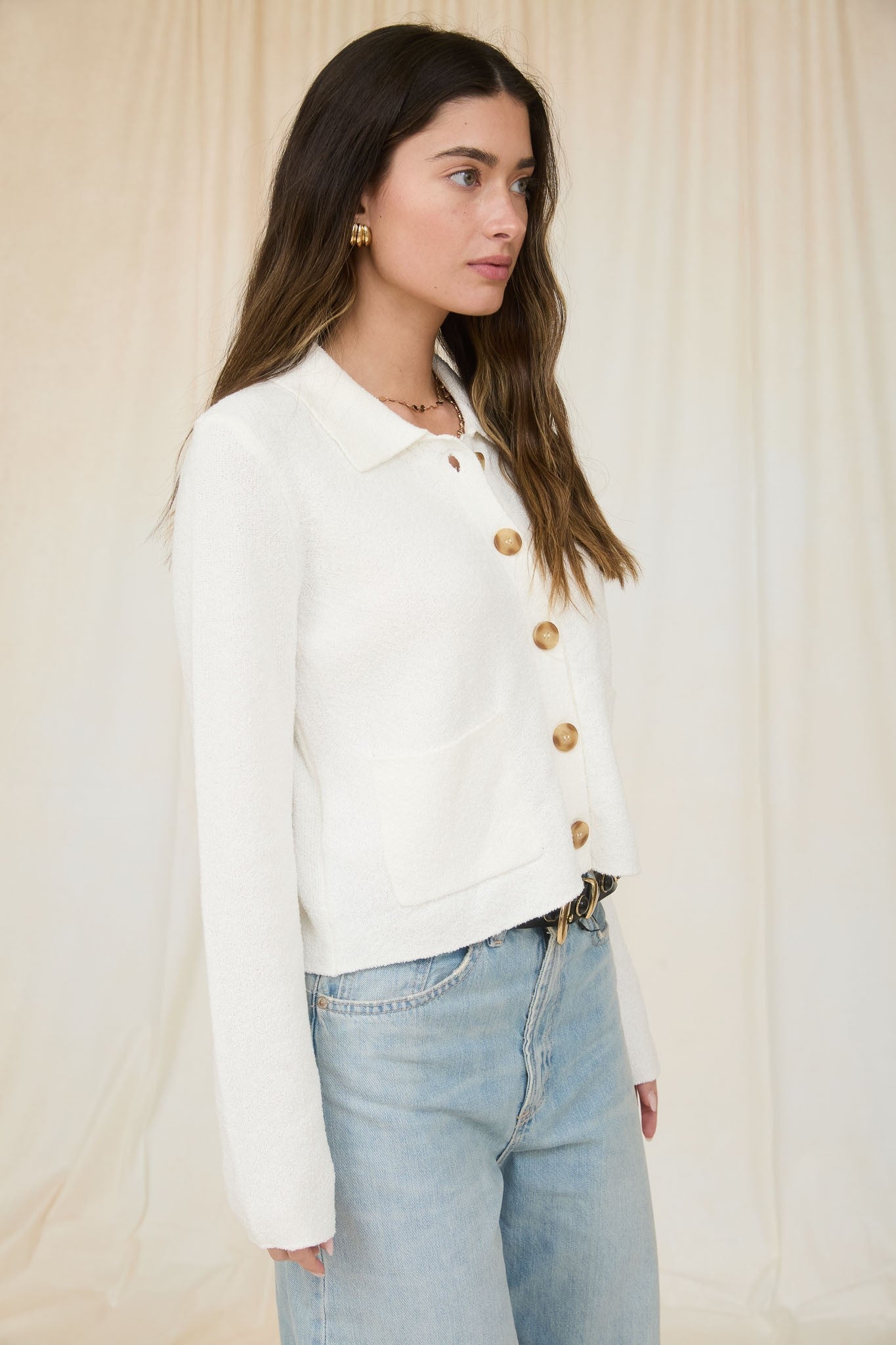 Laney Long Sleeve Button Down Knit Cardigan Ivory