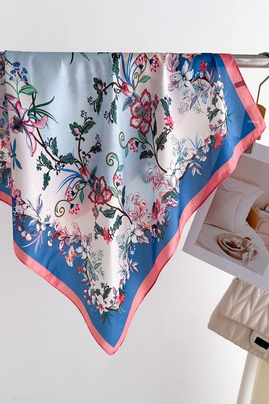 Tahlora Floral Print Square Boutique Scarf Blue Pink