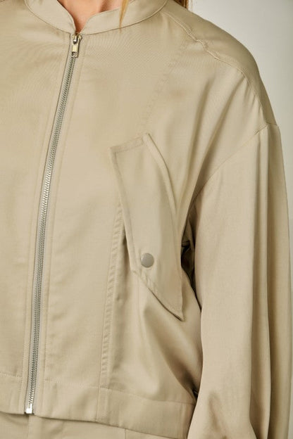 Kendall Long Balloon Sleeve Bomber Jacket Taupe