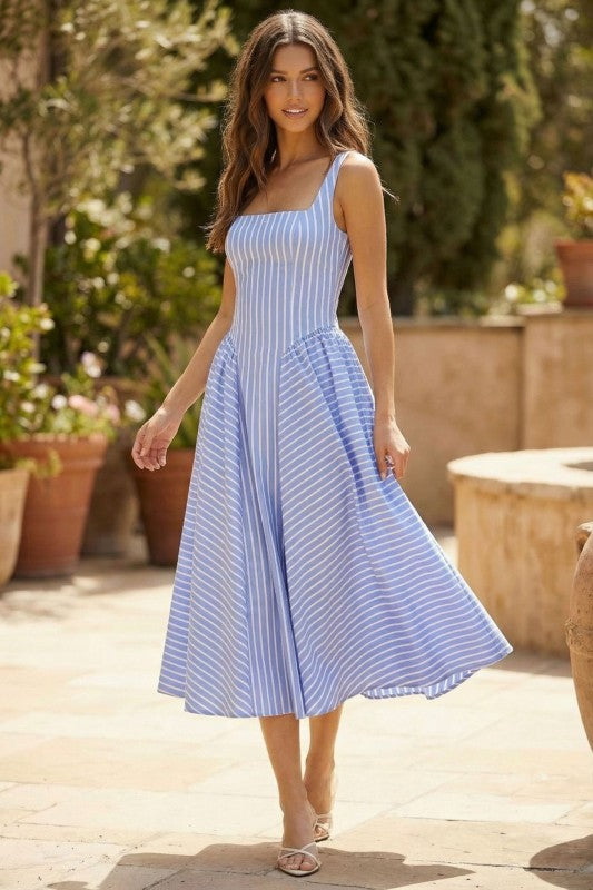 Emery Sleeveless Stripe Print Midi Dress Blue