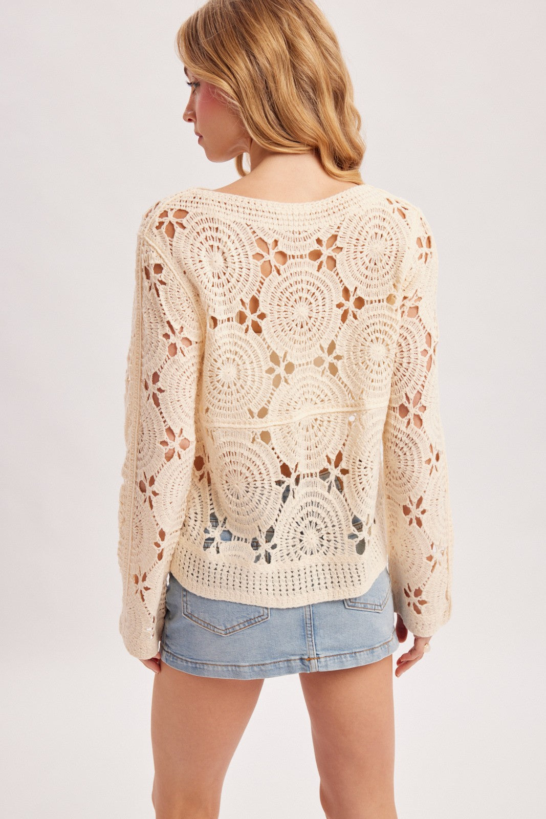 Doreen Long Sleeve 3D Floral Crochet Knit Top Natural