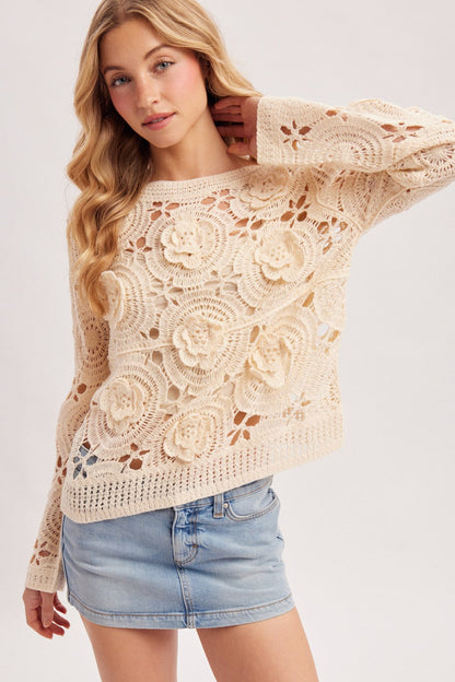 Doreen Long Sleeve 3D Floral Crochet Knit Top Natural