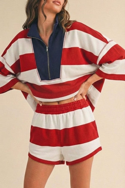 Gemma Short Sleeve Top And High Waist Stripe Print Shorts Set Red