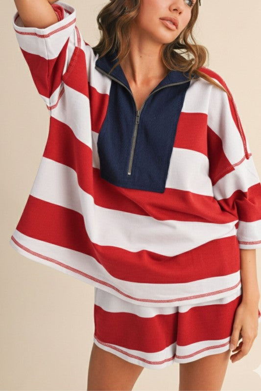 Gemma Short Sleeve Top And High Waist Stripe Print Shorts Set Red