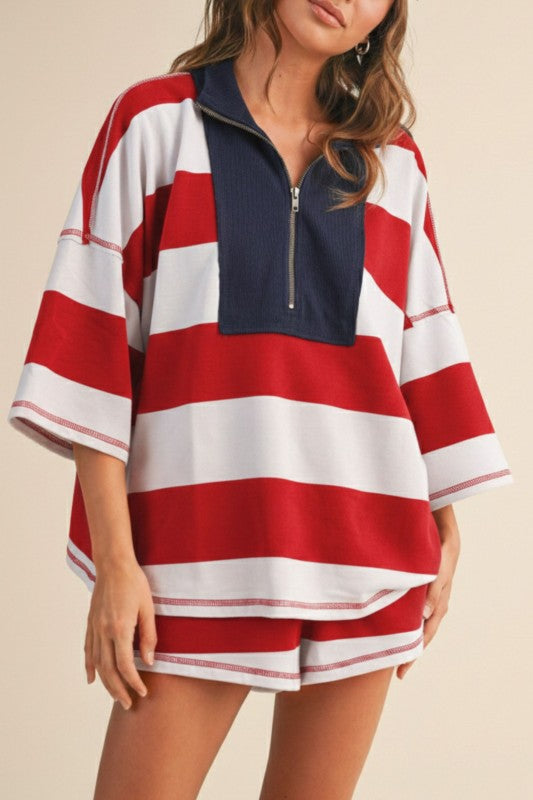 Gemma Short Sleeve Top And High Waist Stripe Print Shorts Set Red