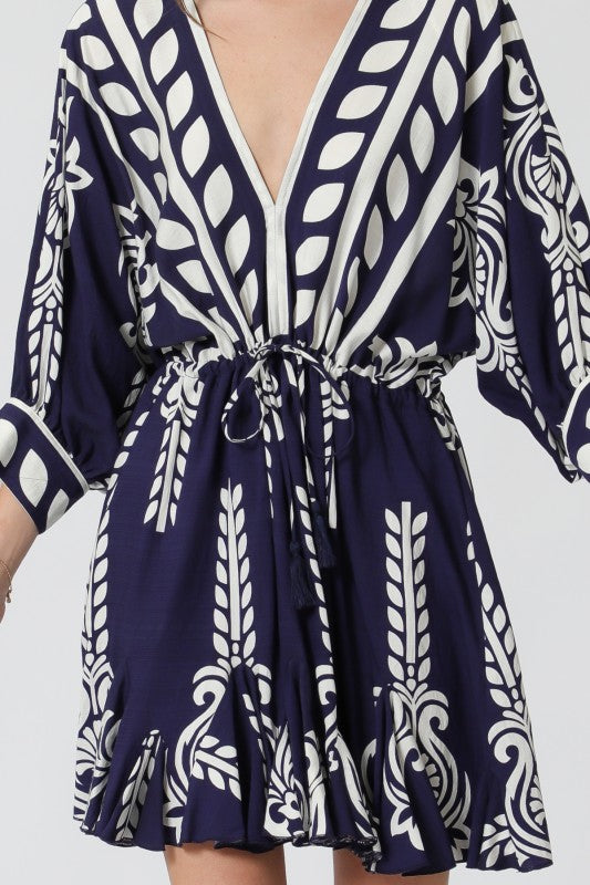 Justine 3/4 Dolman Sleeve Waist Tie Abstract Print Mini Dress Navy