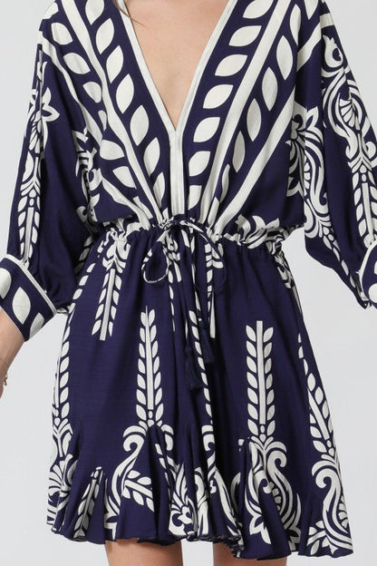 Justine 3/4 Dolman Sleeve Waist Tie Abstract Print Mini Dress Navy