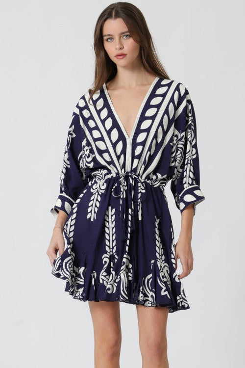 Justine 3/4 Dolman Sleeve Waist Tie Abstract Print Mini Dress Navy